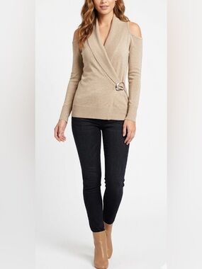 Cache Cream Cowl Neck Sweater with Ring Accent SZ XS